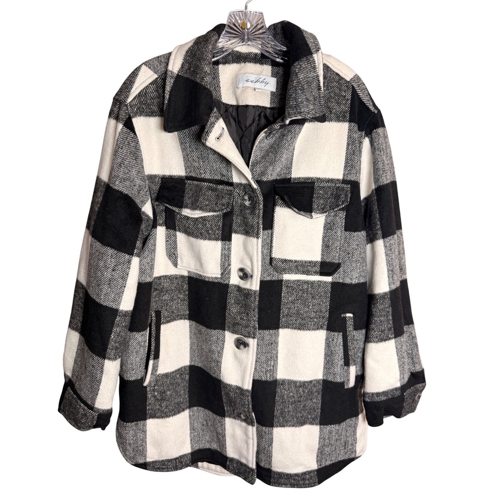 Sebby Buffalo Plaid Shacket Womens Size L Black White Quilted Lined Button Up